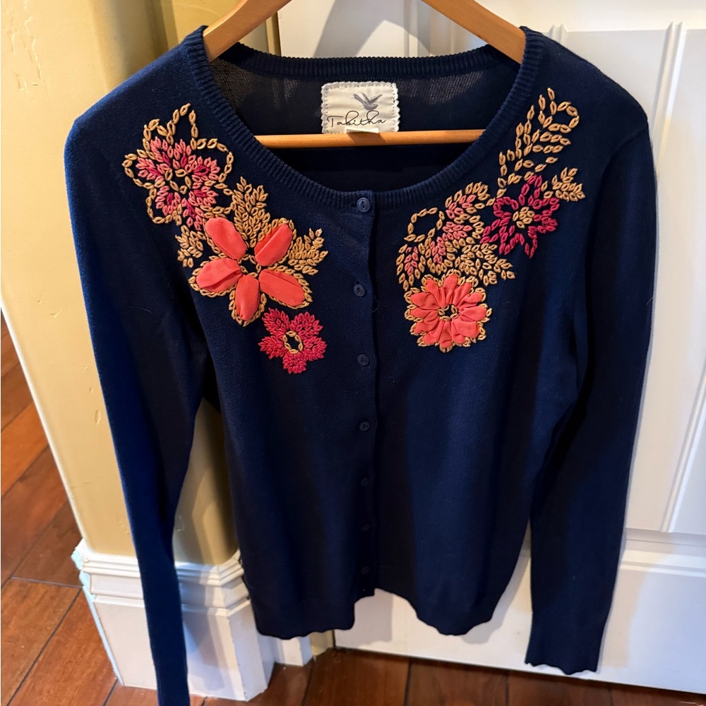 Anthropologie Tabitha Floral Embroidered Navy Sweater